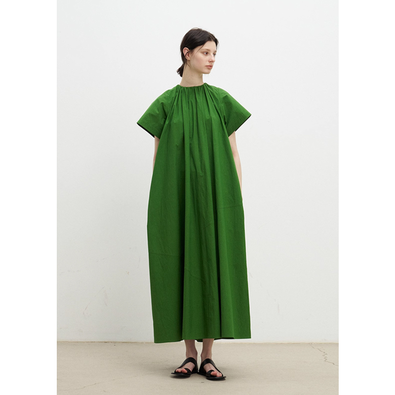 通勤棉纯色橡筋抽褶长款连衣裙