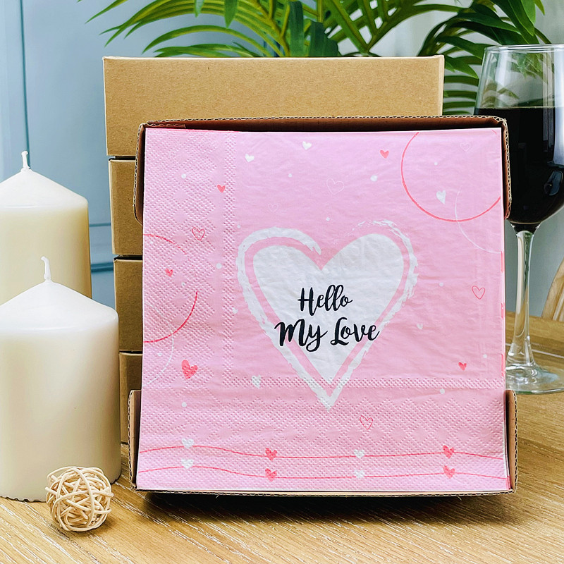 三层加厚七夕印花餐巾纸餐厅情人节粉色爱心抽纸婚礼彩色纸巾50张