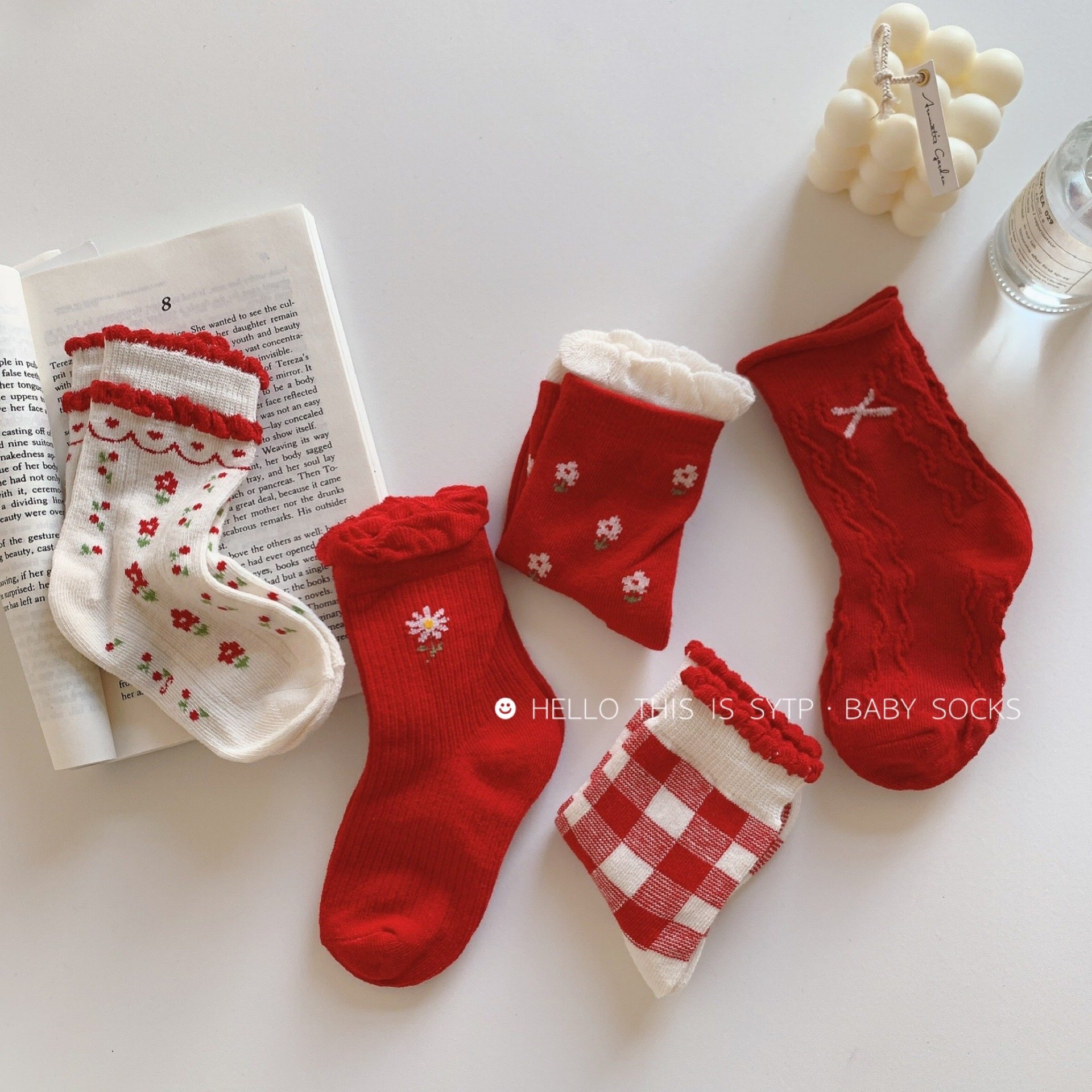 女童袜子森系春秋冬季纯棉红色立体碎花中筒袜新年卡通宝宝公主袜