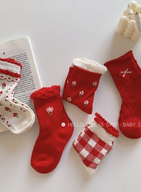 女童袜子森系春秋冬季纯棉红色立体碎花中筒袜新年卡通宝宝公主袜