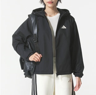 adidas阿迪达斯黑色连帽户外训练服外套2025冬女梭织夹克KC0054