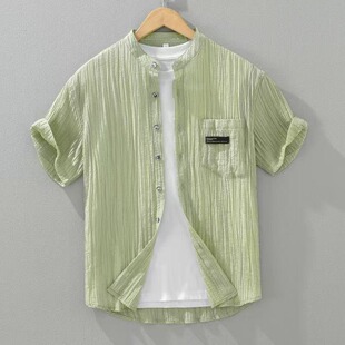广东普宁男士夏季短袖衬衫日系宽松纯色休闲薄款百搭高端时尚衬衣