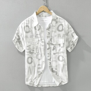 广东普宁男士短袖衬衫夏季日系满印潮流宽松休闲百搭高端薄款衬衣
