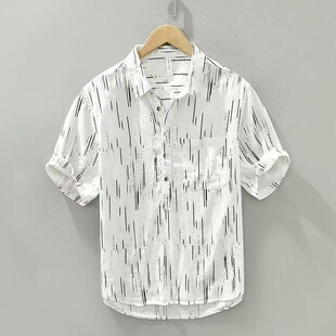 广东普宁男士条纹短袖衬衫日系宽松休闲高端百搭衬衣翻领薄款外套