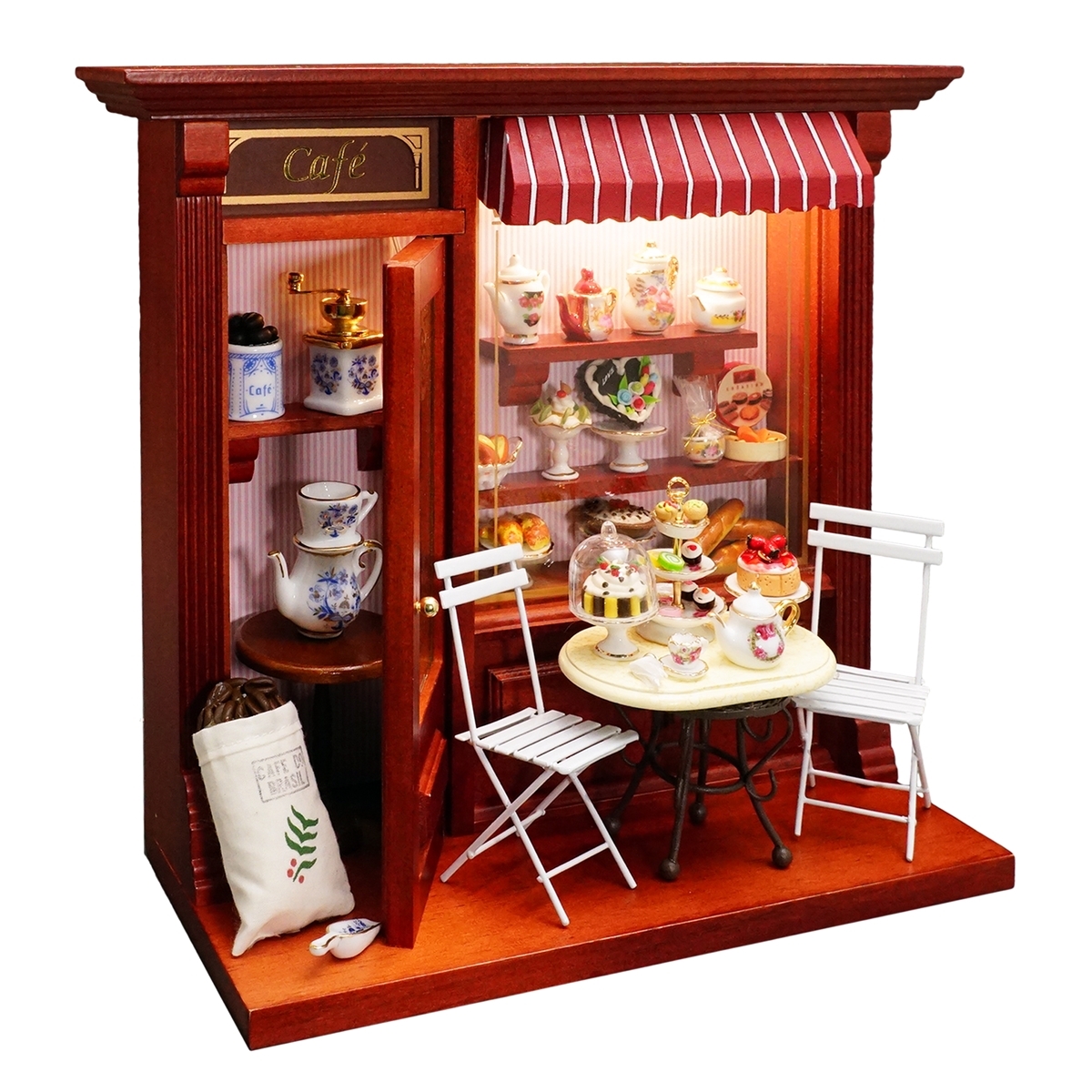 代购-德国品牌微缩露台咖啡厅模型 娃屋家具 装饰套装食玩带灯光