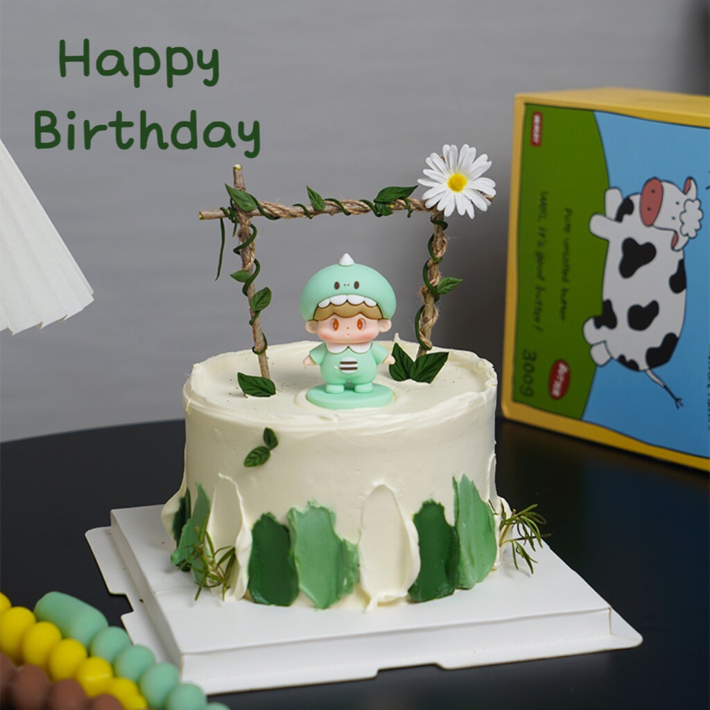 简约绿色森系恐龙男孩生日蛋糕装饰小朋友周岁烘焙摆件