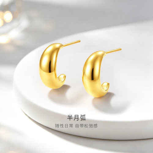 金至尊半月弧硬足金C字型耳环女 2026新款黄金耳钉简约风弯月耳环