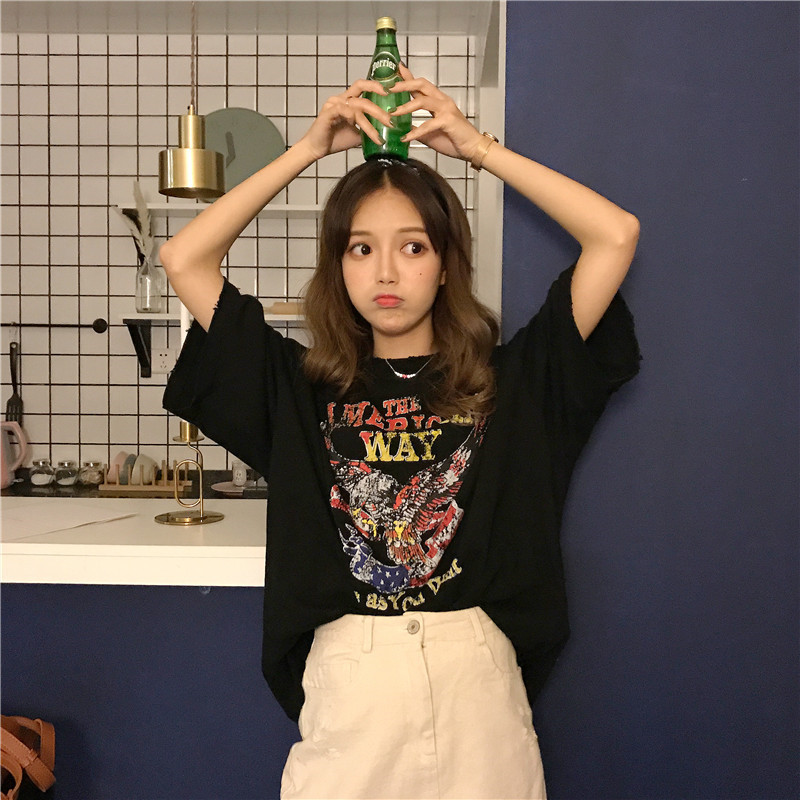短袖t恤女bf学生2018春夏韩范宽松原宿风破洞圆领老鹰 印花T恤526