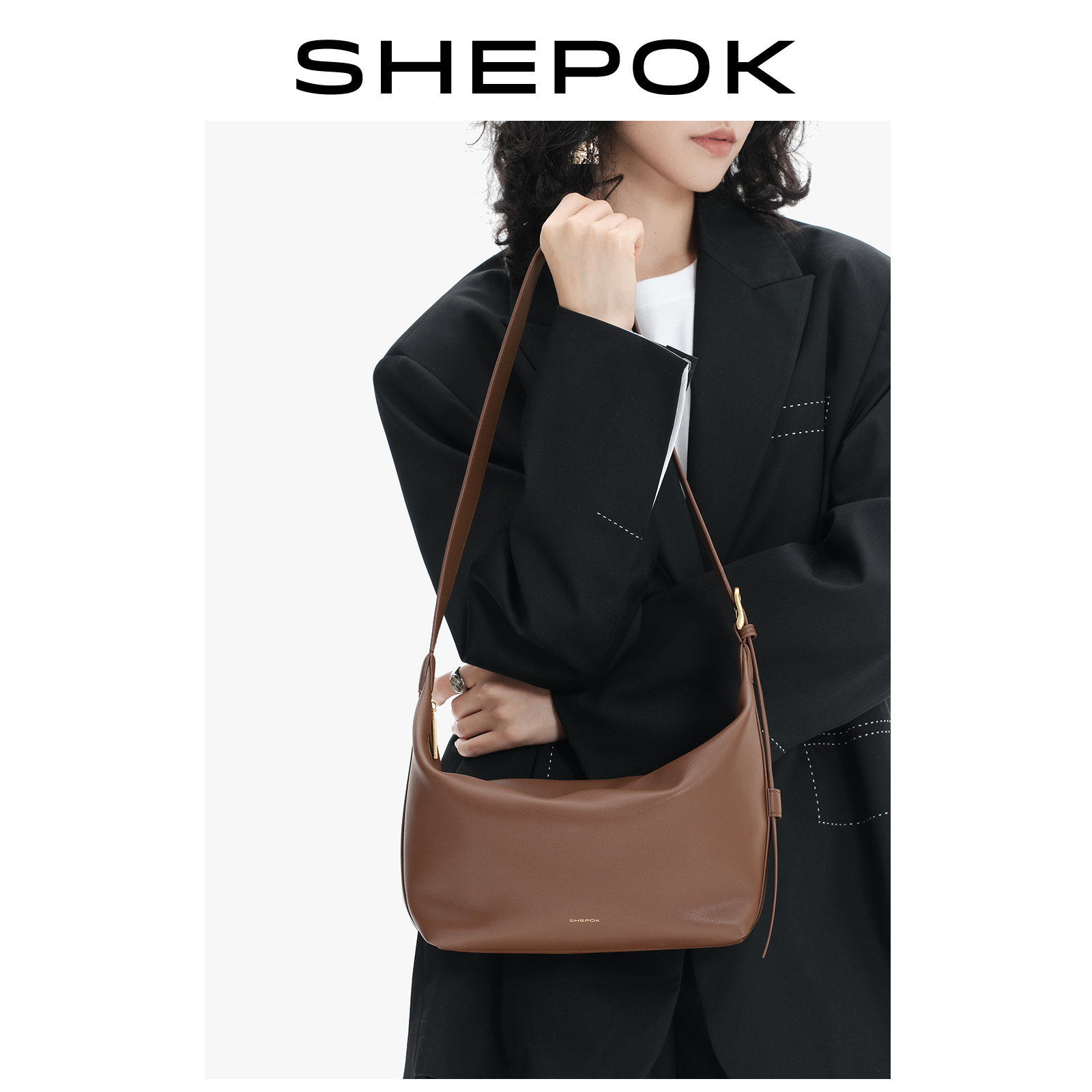 SHEPOK新款牛皮Hobo托特包女大容量单肩斜挎休闲通勤包真皮饺子包