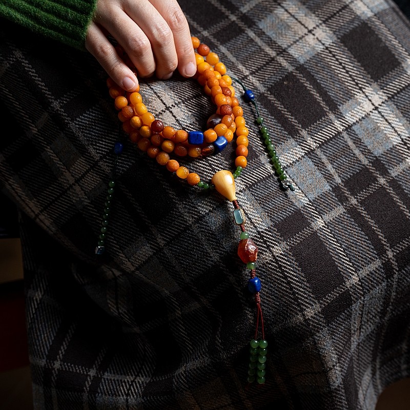 【一物一图】原创天然原矿海飘籽蜜蜡佛珠多圈琥珀手链项链108颗