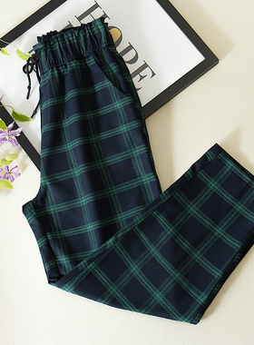2024春秋抽绳格子裤女宽松直筒九分裤复古绿色休闲裤显瘦英伦自然