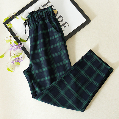 2026春秋抽绳格子裤女宽松直筒九分裤复古绿色休闲裤显瘦英伦自然