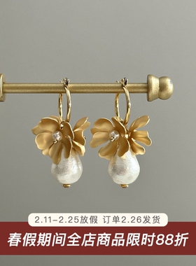 棉花珍珠/金属花朵堆叠耳圈法式时尚复古ins小众设计高级感耳环女