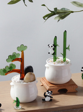 琉璃盆栽小摆件创意琉璃青竹迎客松植物盆栽办公桌玻璃工艺品礼物