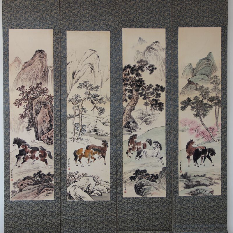 杂件中堂画字画国画四条屏郎世宁八骏八马图盤山玉骏挂画 已装裱
