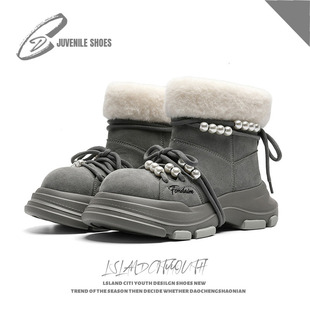 灰色开心小熊雪地靴男女鞋冬季厚底增高6CM防滑耐磨保暖棉鞋短靴