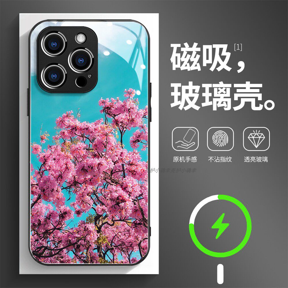 磁吸玻璃手机壳适用苹果17iPhone16plus14Pro15Max13Pro12 11 树 花 春夏天风景