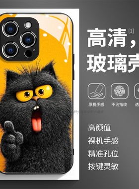 玻璃手机壳适用苹果17iPhone16Pro15Max13Pro12XS14XR11X 猫搞笑可爱