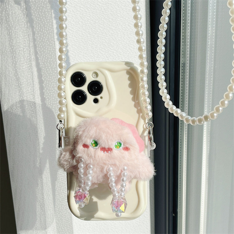 可爱毛绒粉色小怪兽串珠公仔手机壳背夹挂件手机链珍珠斜挎长肩带
