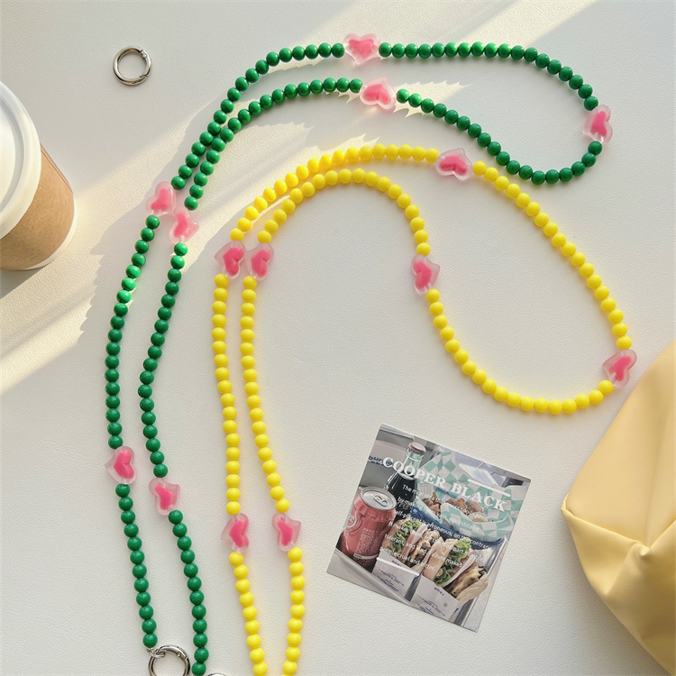 墨绿高端新款玫红爱心串珠斜挎箱包长款挂绳手机壳通用链条挂件女