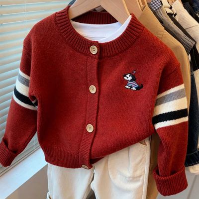 韩系儿童洋气红色卡通刺绣毛衣外套2025秋冬新款男女童拼色针织衫
