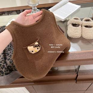 女童韩系立体卡通毛衣无袖叠穿背心2025秋装女宝宝针织马甲外穿