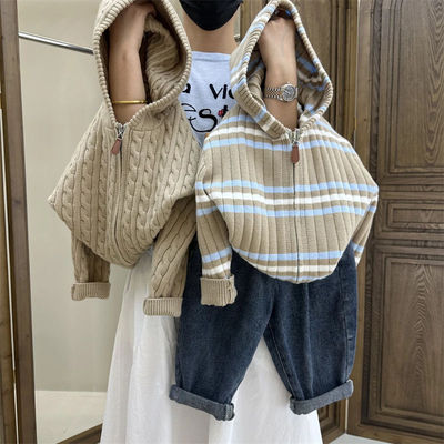 早秋男童拼色韩版长袖条纹针织开衫外套新款女宝宝连帽毛衣拉链衫