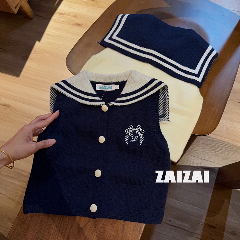 韩版女童秋冬毛衣2025新款宝宝海军领刺绣无袖背心学院风针织衫