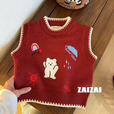 女童洋气韩版卡通毛衣马甲儿童2025叠穿针织新款小童宝宝坎肩背心