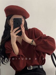 法式 高级感慵懒叠穿衬衣韩系简约打底上衣 女秋季 复古港风红色衬衫