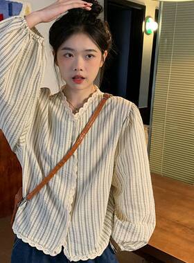 秋季新款ins甜美花边拼接V领条纹衬衣薄款长袖灯笼袖衬衫女学生潮