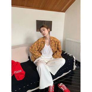 复古美式金黄色多巴胺宽松格子衬衫2024新款长袖衬衣上衣外套外穿