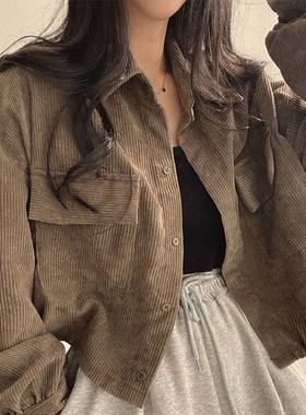 短款外套女春秋新款开衫韩版高级感灯芯绒设计感小众别致黑色上衣
