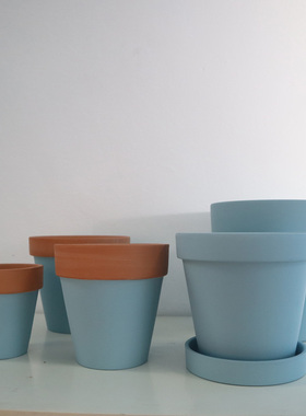 蓝色红陶花盆室内外多肉植物绿植盆栽陶瓷圆形花盆透气陶土红陶盆