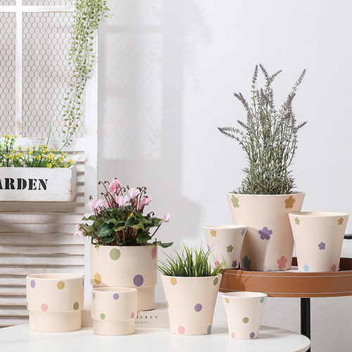 手工刻印五彩波点素烧白陶土花盆