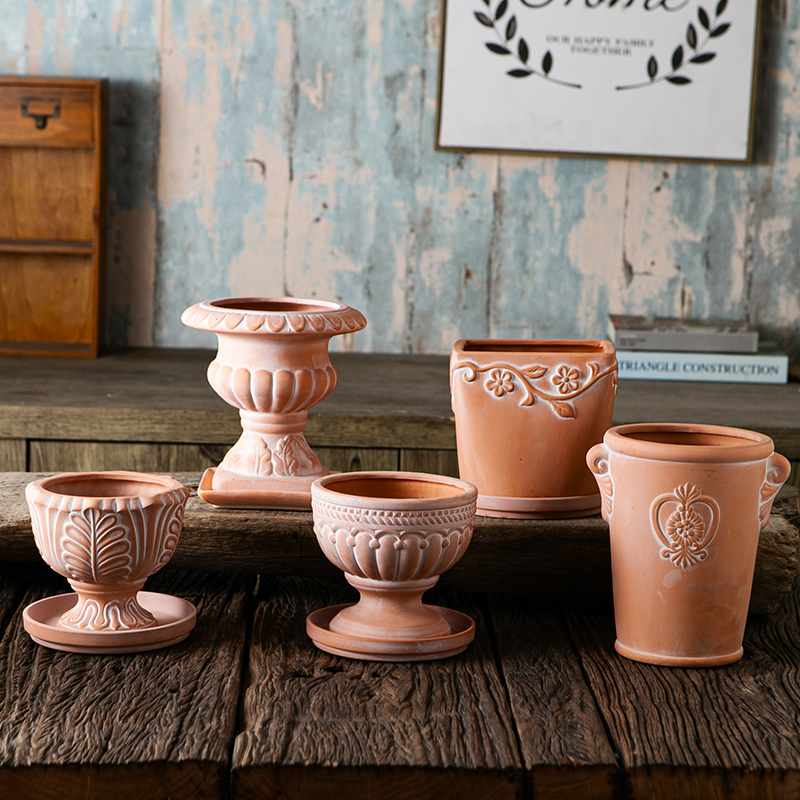 北欧奖杯浮雕陶盆粗陶红陶土花盆