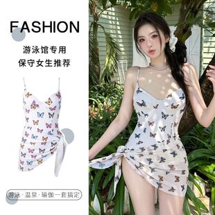 批发蝴蝶印花泳衣女学生显瘦性感纯欲风泳装 露背紧身连体泳衣速干