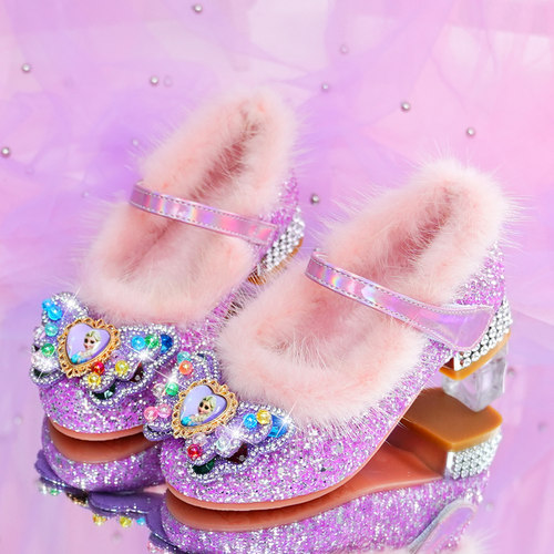 爱莎公主鞋女童皮鞋秋冬新款小女孩水晶鞋加绒保暖棉鞋儿童高跟鞋