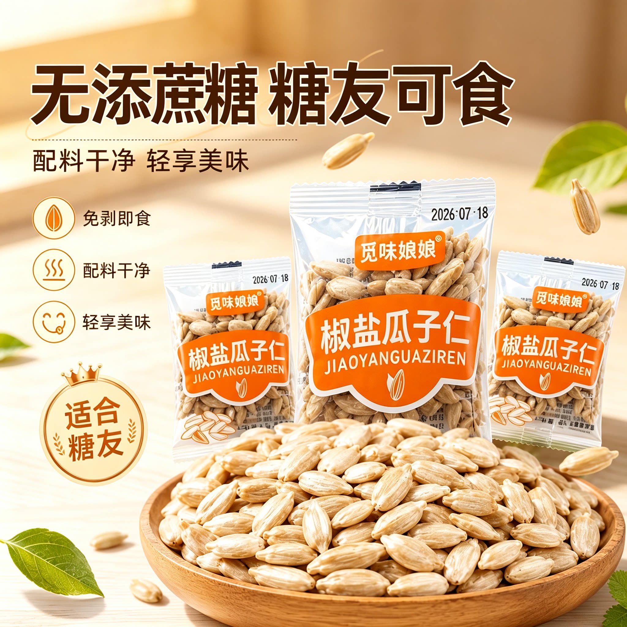 糖尿人专用零食品可以吃的无糖精椒盐瓜子仁包老人孕妇糖友饱腹品