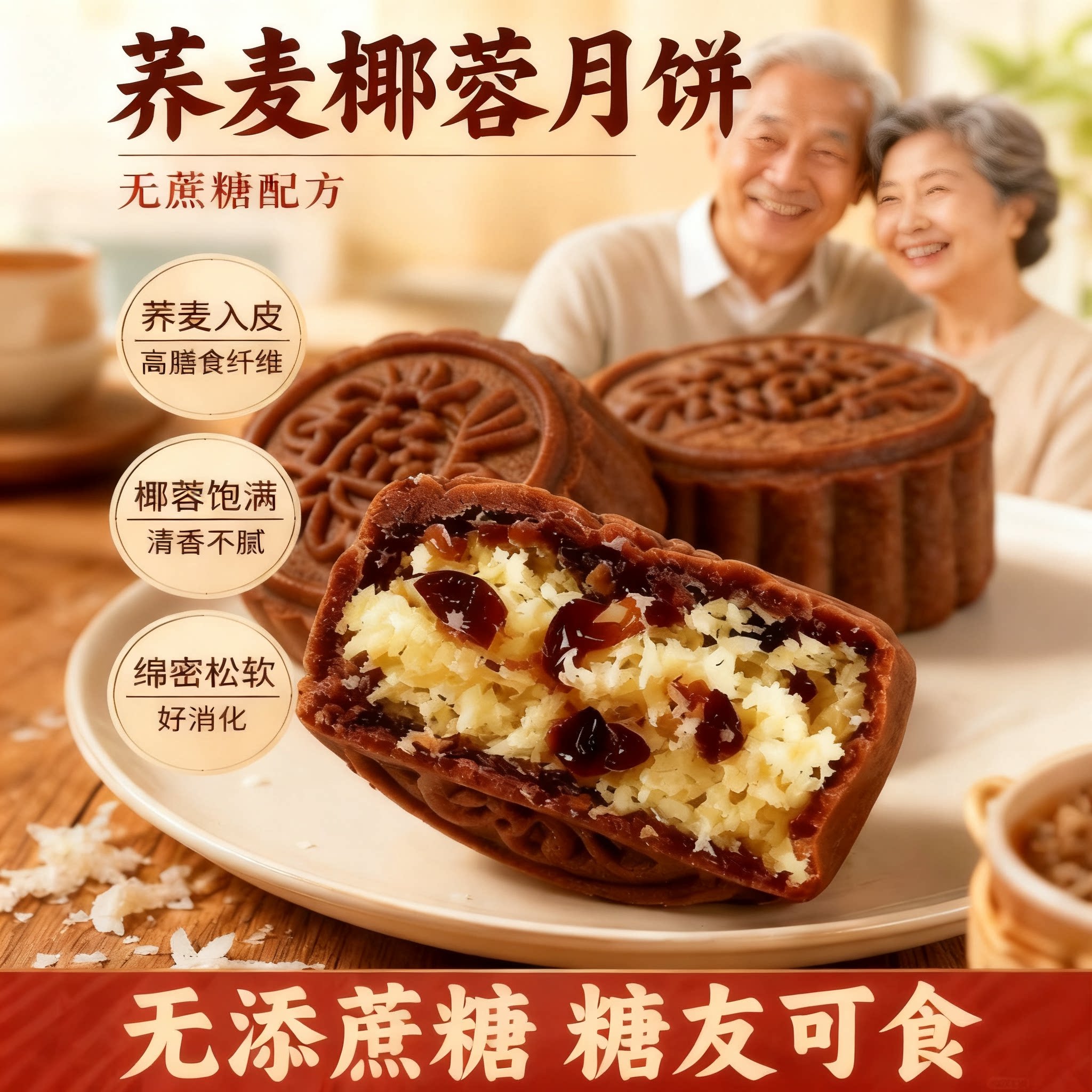 糖尿人专用零食品可以吃的无糖精荞麦椰蓉月饼老人孕妇糖友饱腹品