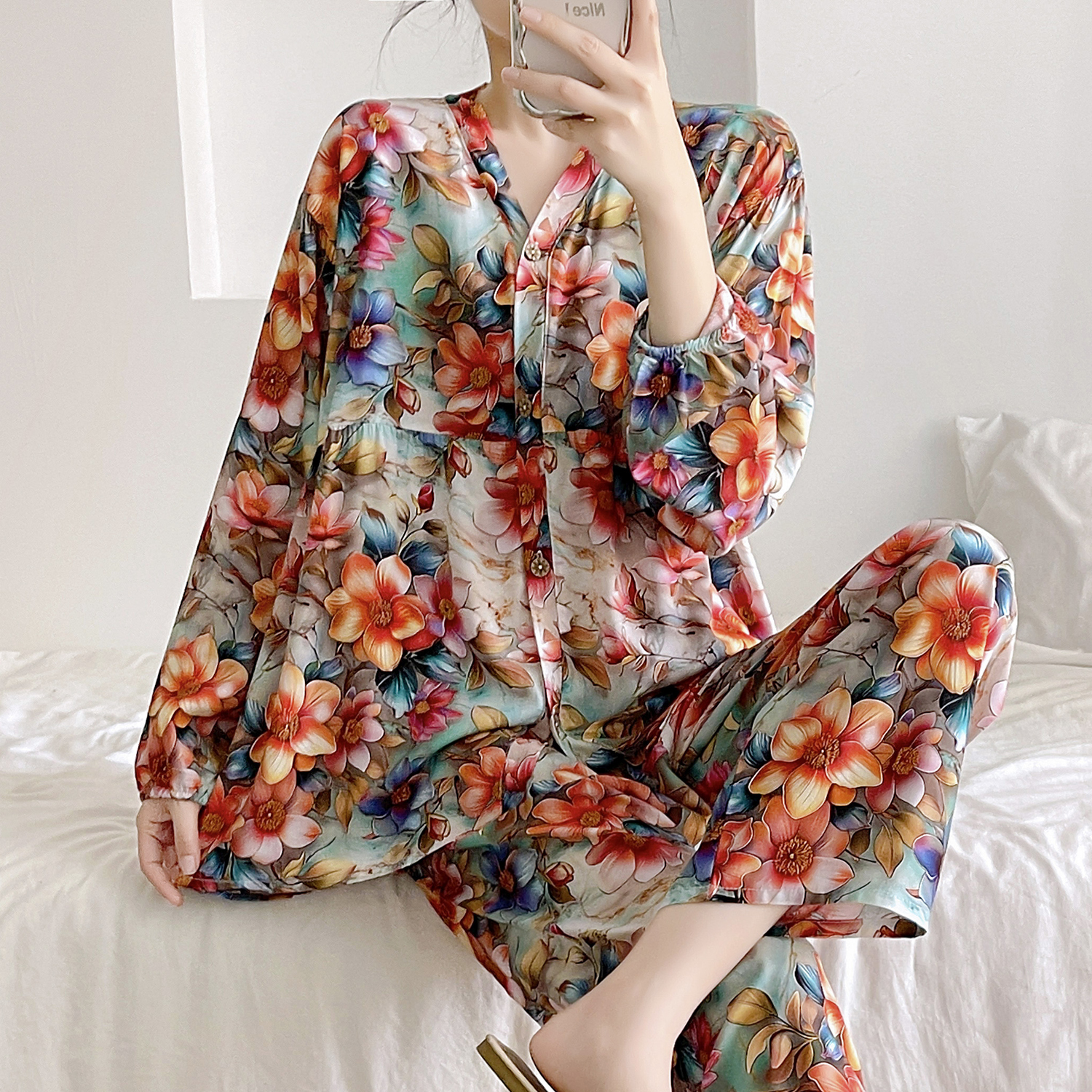 棉绸睡衣女春秋夏薄款长袖绵绸妈妈家居服人造棉套装大码带胸垫
