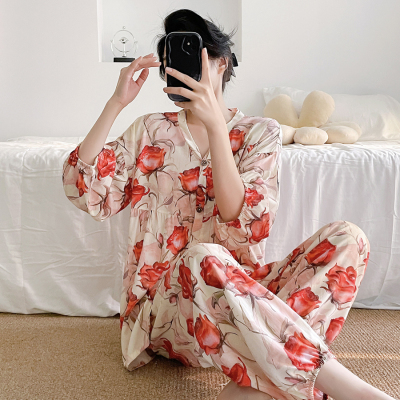 妈妈睡衣女春秋夏季绵绸中老年家居服可外穿简约新中式棉绸套装薄