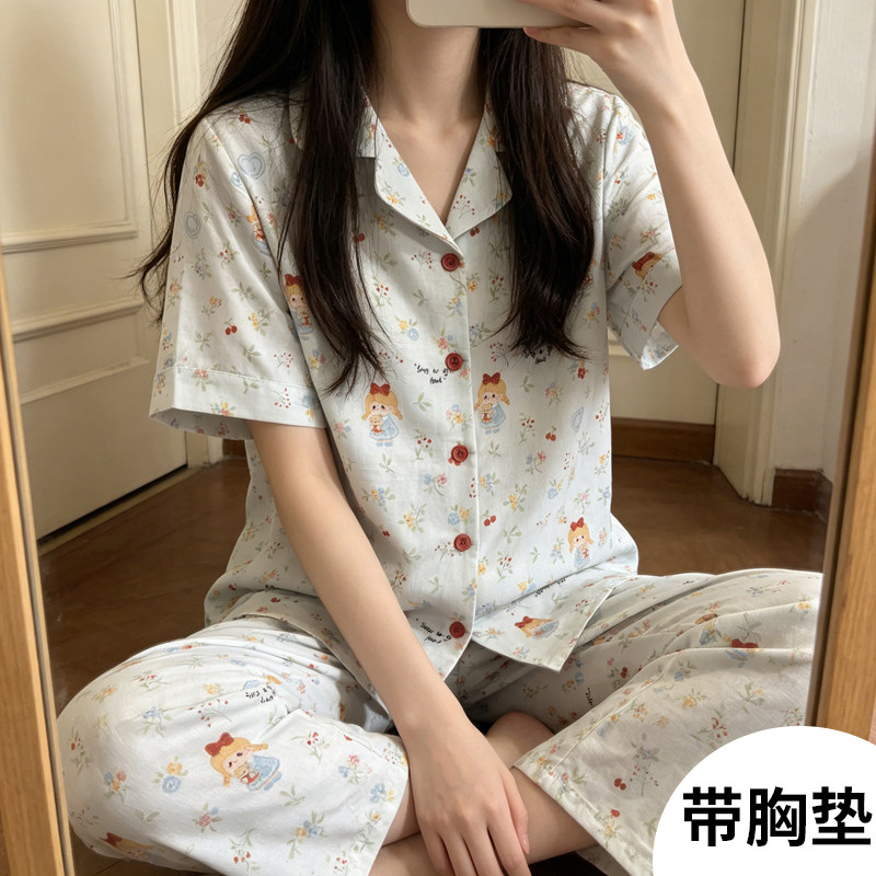 A类纯棉睡衣女士家居服短袖双层睡裤/家居裤
