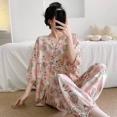 可外穿简约气质棉绸套装薄妈妈睡衣女春秋夏季绵绸中老年家居服