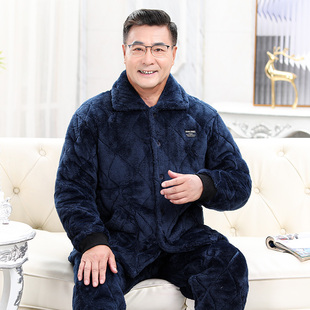 冬季老人睡衣男夹棉珊瑚绒加厚中老年爸爸保暖家居服加大码