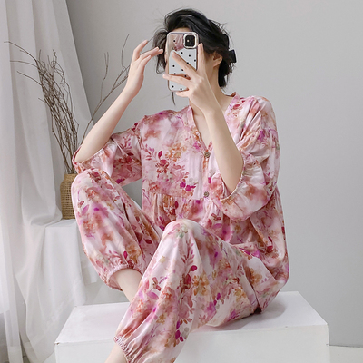 夏季女款带胸垫可拆卸睡衣圆领绵绸大码家居可外穿妈妈月子服