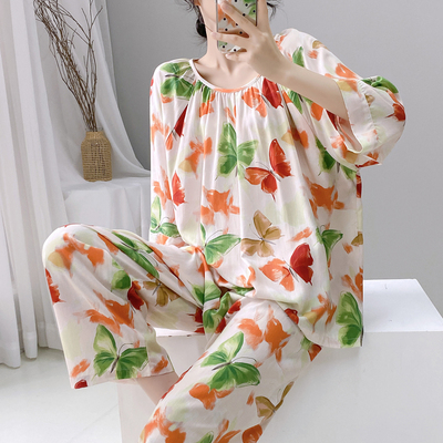 春秋新品可外穿睡衣女圆领绵绸大码夏天家居服套装带胸垫可拆卸