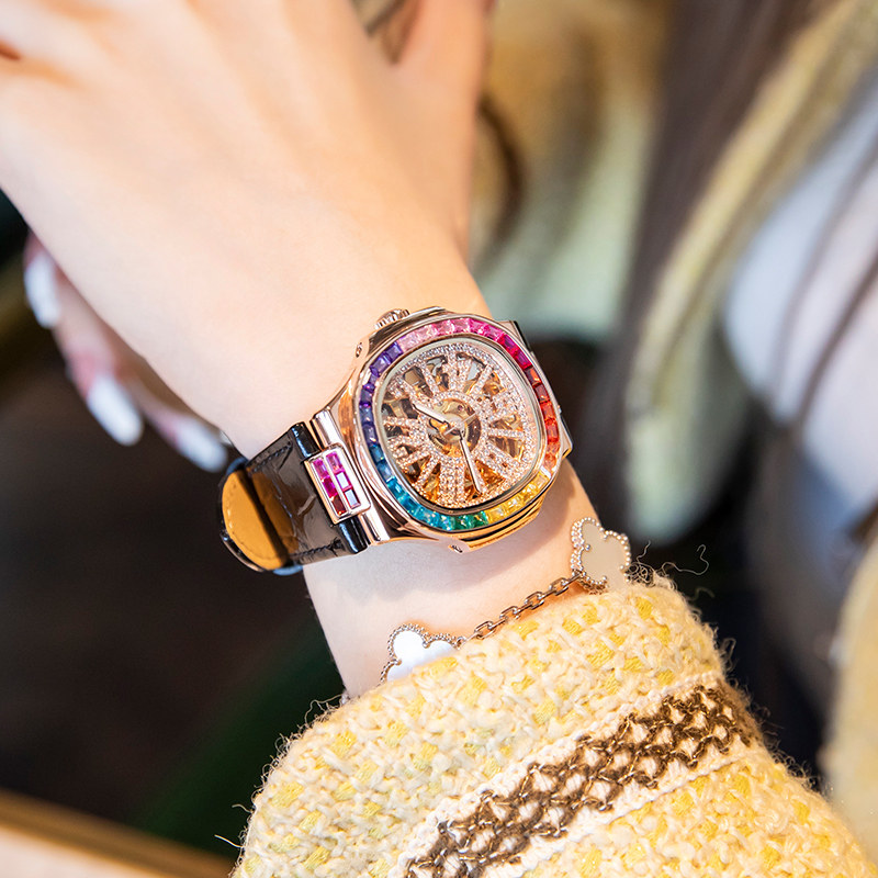 davena机械表手表女士正品十大名牌满钻镂空彩虹施华洛世奇镶钻表