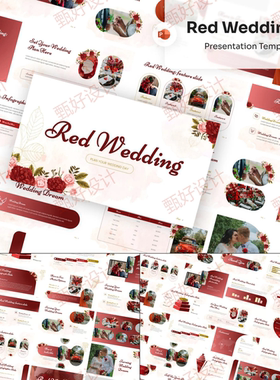 ppt模板红色鲜花风格婚礼策划结婚庆典客户业务品牌营销投资1032