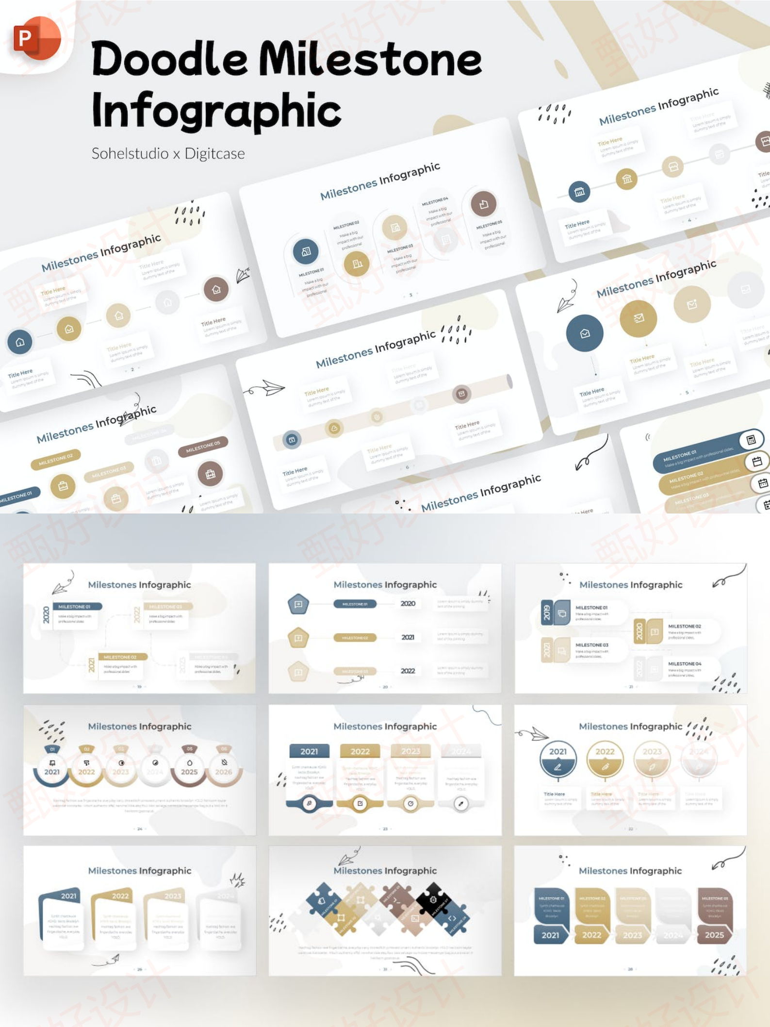 ppt模板涂鸦风格历程时间里程碑信息图精品商业公司工作项目总结